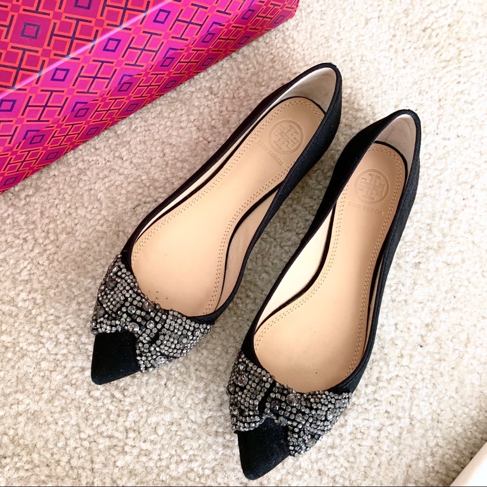 Tory Burch bow rhinestone suede flats